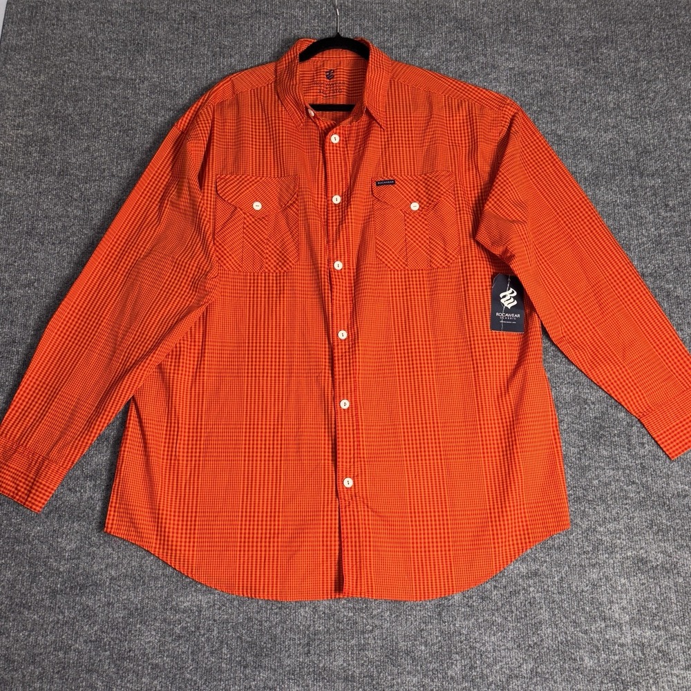 Rocawear Button Down Shirt Mens 3XB Orange Gingham Long Sleeve‎ Classic B & Tall